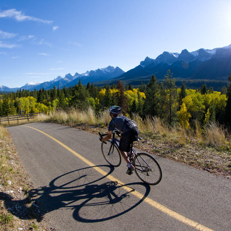 Dwayne Brown and his son Aidan Brown (age 13) ride the Legacy Trail in Alberta, Canada.